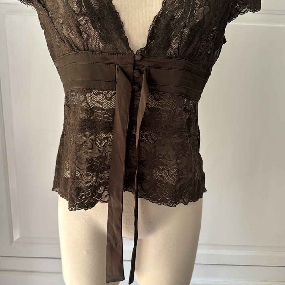 Apt. 9 Brown Lace V-Neck Top with Ribbon Size PL - Picture 4 of 9